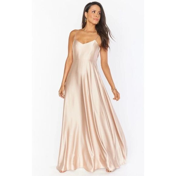 New Show Me Your Mumu Champagne Luxe Satin Faith Maxi Dress Size‎ Large - Picture 1 of 9